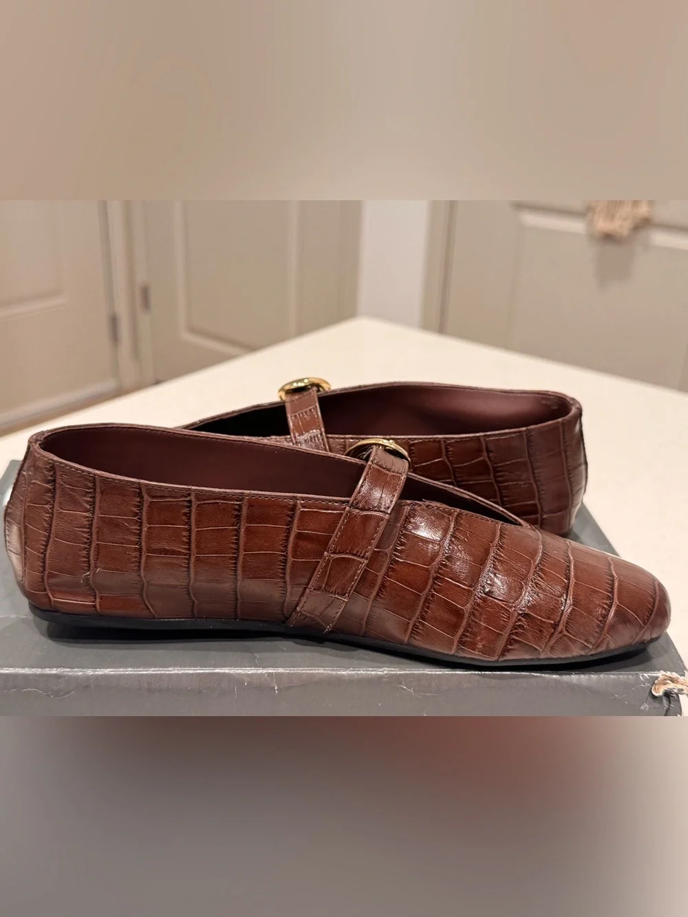 NIB Arezzo Erica Croc Embossed Mary Jane Ballet Flats Brown Hot Brandy 6B⁠